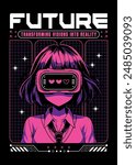 Anime girl poster in manga style. Tokyo Japan anime girl with concept of virtual reality,retro,futurism,futuristic,cyberpunk. Japanese y2k vector illustration. Kanji translation is Kawaii or Cute 