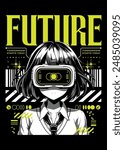Anime girl poster in manga style. Tokyo Japan anime girl with concept of virtual reality,retro,futurism,futuristic,cyberpunk. Japanese y2k vector illustration. Kanji translation is Kawaii or Cute 