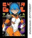 Anime girl poster in manga style. Tokyo Japan anime girl with concept of virtual reality,retro,futurism,futuristic,cyberpunk. Japanese y2k vector illustration. Kanji translation is Cyber Girl