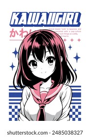 Anime girl poster in manga style. Tokyo Japan anime girl with concept of virtual reality,retro,futurism,futuristic,cyberpunk. Japanese y2k vector illustration. Kanji translation is Kawaii or Cute 