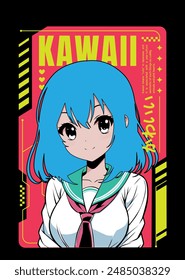 Anime-Mädchen-Poster im Manga-Stil. Tokyo Japan Anime Girl mit Konzept der virtuellen Realität, Retro, Futurismus, futuristisch, Cyberpunk. Japanische Y2K-Vektorillustration. Kanji-Übersetzung ist Kawaii oder Süß 