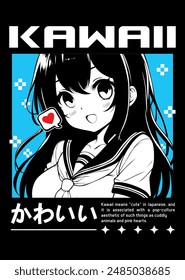 Anime girl poster in manga style. Tokyo Japan anime girl with concept of virtual reality,retro,futurism,futuristic,cyberpunk. Japanese y2k vector illustration. Kanji translation is Kawaii or Cute 