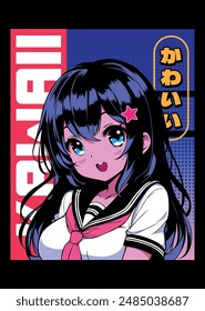 Anime girl poster in manga style. Tokyo Japan anime girl with concept of virtual reality,retro,futurism,futuristic,cyberpunk. Japanese y2k vector illustration. Kanji translation is Kawaii or Cute 