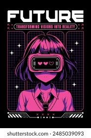 Afiche de chica anime en estilo manga. Tokyo Japan anime girl con concepto de realidad virtual, retro, futurismo, futurista, cyberpunk. Ilustración vectorial japonesa y2k. La traducción kanji es kawaii o lindo 