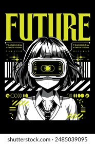 Anime girl poster in manga style. Tokyo Japan anime girl with concept of virtual reality,retro,futurism,futuristic,cyberpunk. Japanese y2k vector illustration. Kanji translation is Kawaii or Cute 