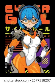 Anime girl poster in manga style. Tokyo Japan anime girl with concept of virtual reality,retro,futurism,futuristic,cyberpunk. Japanese y2k vector illustration. Kanji translation is Cyber Girl