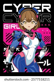 Anime girl poster in manga style. Tokyo Japan anime girl with concept of virtual reality,retro,futurism,futuristic,cyberpunk. Japanese y2k vector illustration. Kanji translation is Cyber Girl