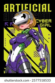 Anime girl poster in manga style. Tokyo Japan anime girl with concept of artificial intelligence, virtual reality,retro,futurism,futuristic,cyberpunk. Japanese y2k vector illustration