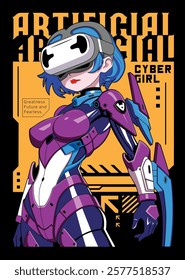 Anime girl poster in manga style. Tokyo Japan anime girl with concept of artificial intelligence, virtual reality,retro,futurism,futuristic,cyberpunk. Japanese y2k vector illustration