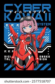 Anime girl poster in manga style. Tokyo Japan anime girl with concept of virtual reality,retro,futurism,futuristic,cyberpunk. Japanese y2k vector illustration. Kanji translation is Cyber Kawaii