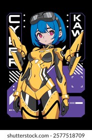 Anime girl poster in manga style. Tokyo Japan anime girl with concept of virtual reality,retro,futurism,futuristic,cyberpunk. Japanese y2k vector illustration. Kanji translation is Cyber Kawaii