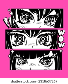 Anime girl print with Looking eyes, exclamation marks, word Wow. Kawaii woman poster. Girlish trendy t shirt design Eyes with heart inside. Anime style school girl illustration