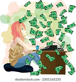 anime girl printing money on an old typewriter