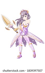 Anime girl purple hair wearing yellow purple costume and bring the sword