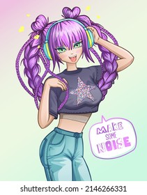 Anime girl with purple pigtails and headphones. Speech cloudwith text Make some noice. Cool girl illustration. Manga teenager. Asian school girl