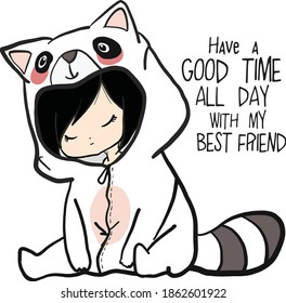 anime girl with raccoon cat animal costume illustration best friend