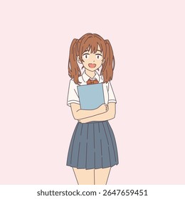 Anime girl in school uniform with cheerful expression holding blue notebook. She stands on a light pink background. Illustrates youthful energy and education themes.