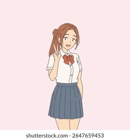 Anime girl in a school uniform with a joyful expression. Making a peace sign on a soft pink background. Captures youthful energy and animated style.