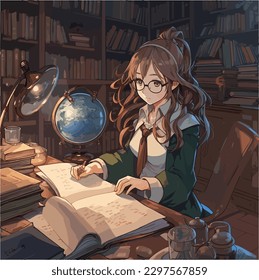 prompthunt anime girl studying in a magic library in the style of studio  ghibli ayami kojima akihiko yoshida atey ghailan escher edward hopper