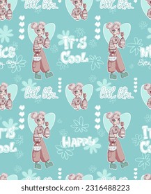 Anime girl seamless pattern. Monochrome prin with  Fashion girl illustration drawing in Manga style. Kawaii woman with space buns hair. Pretty young girl with cup of coffee. 70s style cover pattern