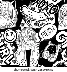 Patrón sin fisuras de anime con auriculares de estilo de arte callejero con orejas de gato, tablas de historietas con adolescentes manga.  historietas de chicas repitiendo la impresión.
