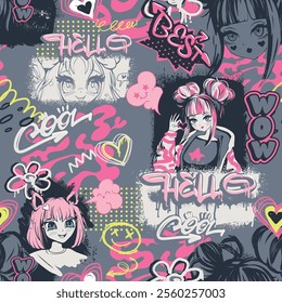 Anime girl seamless pattern with street art style wording, headphones with cat ears, comic boards, hearts, flowers, graffiti words Cool, hello, wow. Grey and pink girlish comics repeat print. 