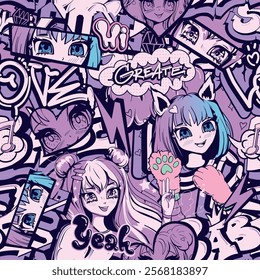 Anime girl seamless pattern with street art style wording, headphones with cat ears, comic text, hearts, graffiti words Cool, hello, wow. Girlish comics repeat print. Asian girlish ornament