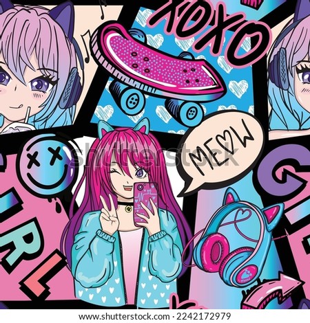 Anime girl seamless pattern with street art style headphones with cat ears, comic boards with manga teenagers.  girlish comics repeat print.
