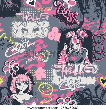 Anime girl seamless pattern with street art style wording, headphones with cat ears, comic boards, hearts, flowers, graffiti words Cool, hello, wow. Grey and pink girlish comics repeat print. 