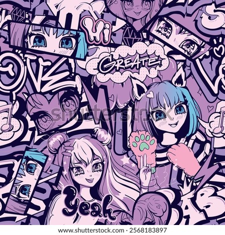 Anime girl seamless pattern with street art style wording, headphones with cat ears, comic text, hearts, graffiti words Cool, hello, wow. Girlish comics repeat print. Asian girlish ornament