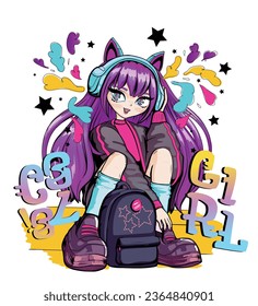 Anime girl sitting with backpack and wear headphones with cat ears. Colorful kawaii girl illustration.