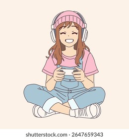 Anime girl sitting crosslegged smiling while playing video games. She wears pink and blue casual clothing. Headphones add to the fun atmosphere.
