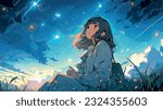 anime girl sitting on a grassy knoll, looking up at a sky filled with stars