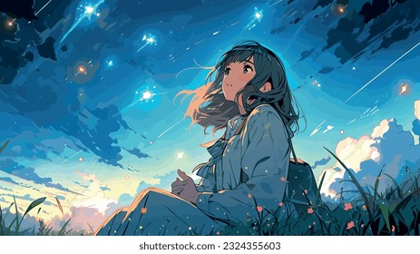 anime girl sitting on a grassy knoll, looking up at a sky filled with stars