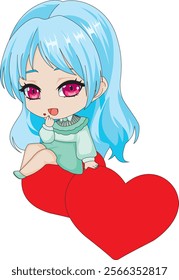 Anime Girl Sitting On Heart Valentine Vector