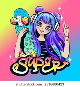 Anime girl with skateboard and headphon. Fashion girl illustration on rainbow background. Purple hair . Manga style woman with long bluevhair. Pretty young girl kawaii. School girl