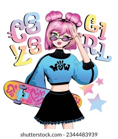 Anime girl with skateboard illustration. Fancy girl wear sunglasses, skirt, pink hair. Fashion print. Manga style woman. Pretty young girl kawaii. Space buns hairstyle