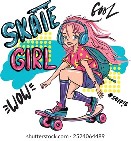 Anime girl with skateboard, pink hair, headphones.Teenager girl illustration. 