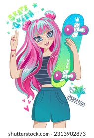 Ein Mädchen mit Skateboard. Schulmädchen drucken. Mode-Teenager-Illustration. Frau im Manga-Stil, lang rosa Haar. Hübsches junges Mädchen kawaii. Der Raum strahlt Frisur aus. Skateboarder Teenagermodell. Skelettkönigin