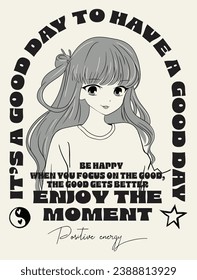 anime girl, slogan with yin yang and star vector graphics