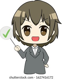 anime girl with suit holding a tick sign