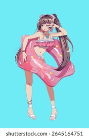 Anime girl in summer swimsuit with playful mood. She holds an inflatable ring on bright blue background. Perfect for summer themes and playful concepts.