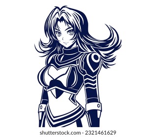 Anime girl in technological armor, cosmo warrior costume, superhero. Vector monochrome image in manga and retro anime style on a white background.