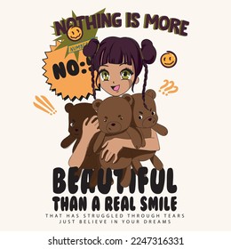 anime girl with teddy bears illustration. cute girl drawing. cartoon character design. t-shirt print. cute girl graphic design