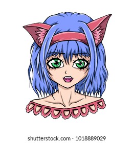 Anime girl vector illustration. Anime isolated girl with big eyes and cat ears. Banner for anime, manga, print, icon, logo, poster, symbol, design, decor, textile, paper, card, invitation, holiday.