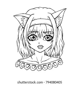 Anime girl vector illustration. Anime isolated girl with big eyes and cat ears. Banner for anime, manga, print, icon, logo, poster, symbol, design, decor, textile, paper, card, invitation, holiday.