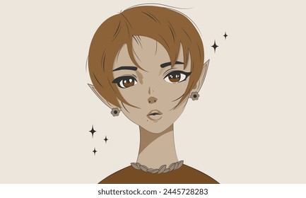 Anime girl watching. Cute manga elf character with short hair.Japanese hand drawn style.Beautiful young woman face with big eyes and pointy ears in manga style. T-shirt japan vector print EPS 10