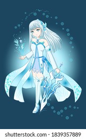 Anime girl white brown with white blue costume bring the sword