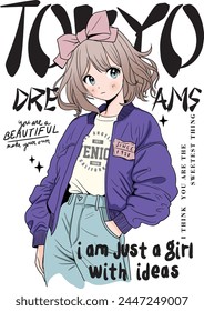 anime girl wit tokyo dreams slogan