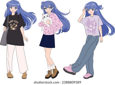 anime girls, 3 anime girls with blue long hair and modern clothing